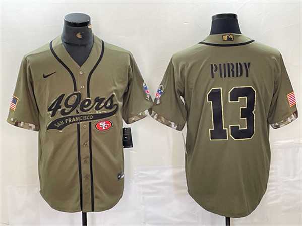 Mens San Francisco 49ers #13 Brock Purdy Olive Salute to Service With Patch Cool Base Stitched Baseball Jersey